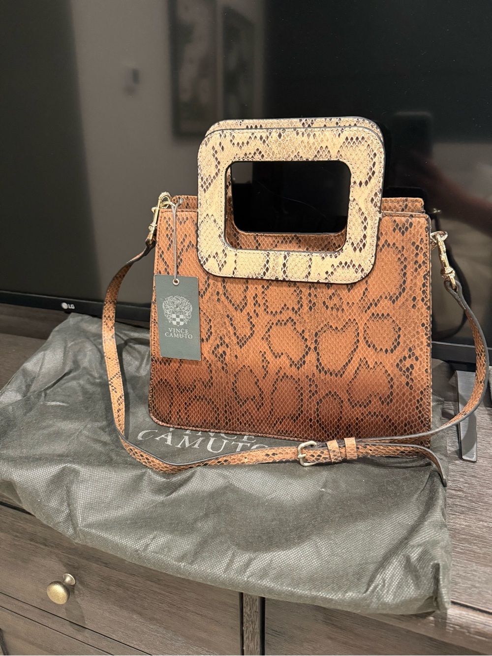 Vince Camuto Brown Snake-Print Top Handle Bag